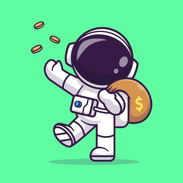 Vetor bonito astronauta trazer saco de dinheiro com moeda de ouro dos desenhos animados ícone ilustração vetorial ciência finanças