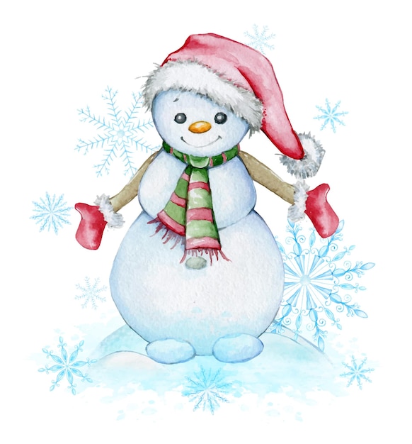 Bonito boneco de neve em esquis Clipart aquarela em um fundo azul