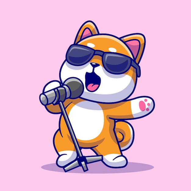 Bonito cão shiba inu cantando desenhos animados ícone ilustração vetorial conceito de ícone de música animal isolado plano