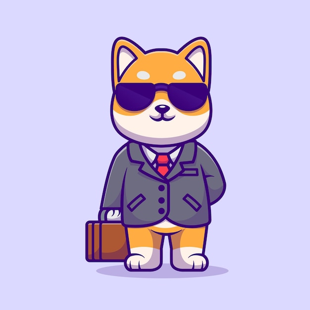 Vetor bonito cão shiba inu de negócios com ilustração vetorial de ícone de desenho de mala negócios animais isolados