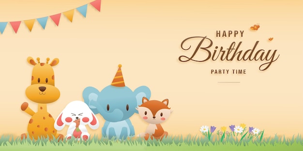 Vetor bonito cartão de aniversário girafas elefantes coelhos e raposas estão sorrindo