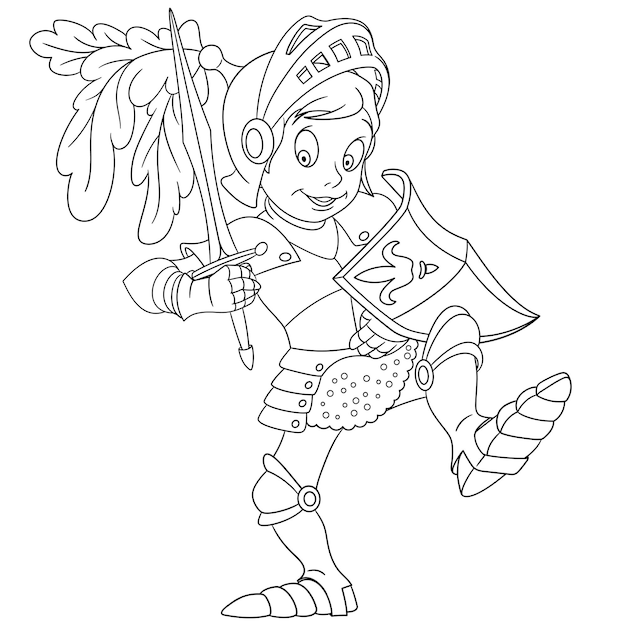 Bonito cavaleiro medieval. Página do livro de colorir dos desenhos animados para crianças.