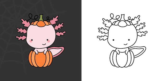 Bonito clipart halloween axolotl ilustração e para colorir página. animal de halloween clip art de desenho animado
