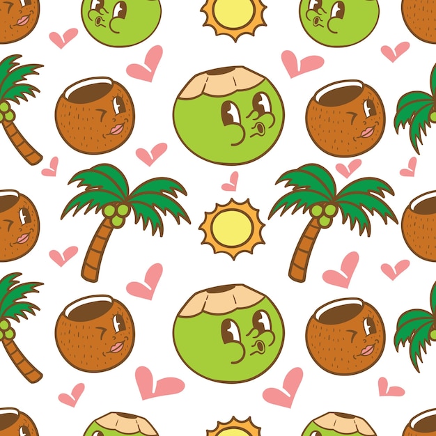Bonito coco kawaii coqueiro e mascote do sol padrão perfeito