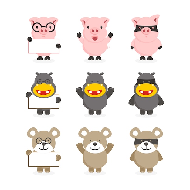 bonito conjunto de porco, hipopótamo e personagem de urso