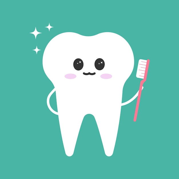 Bonito dente limpo com caráter de escova de dentes. Personagem de dente branco. Dente de desenho animado