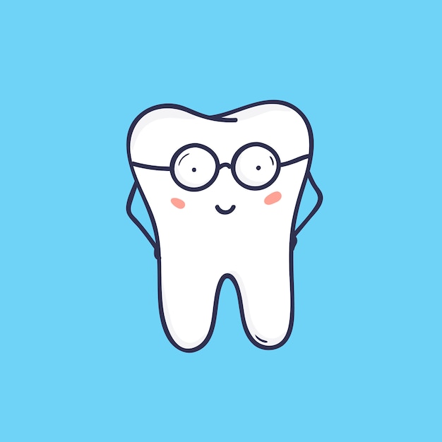 Bonito dente sorridente usando óculos. mascote feliz inteligente ou símbolo para clínica odontológica ou ortodôntica