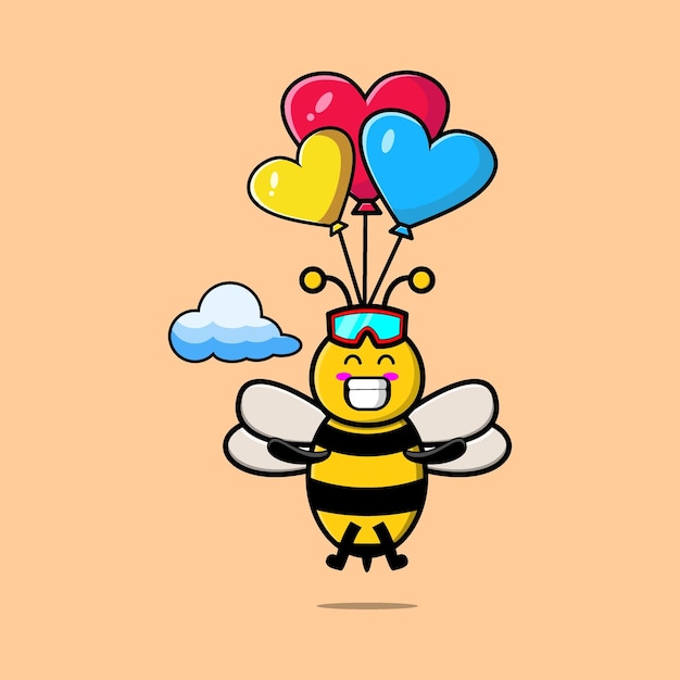 Bonito desenho animado bee mascote está saltando de paraquedas com balão e gesto feliz design de estilo moderno bonito