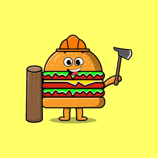 Bonito desenho animado burger como personagem de carpinteiro com machado e madeira em estilo moderno plano