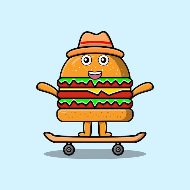 Bonito desenho animado burger em pé no skate com estilo de ilustração vetorial de desenho animado