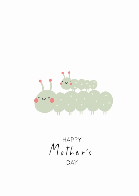 Bonito desenho animado caterpillar mom e bebê feliz dia das mães cartão vetorial