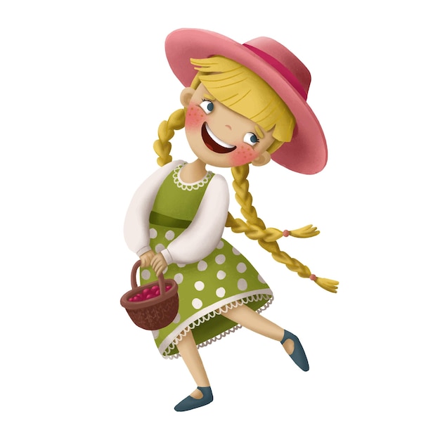 Bonito desenho animado com uma garota alegre segurando uma cesta e dançando