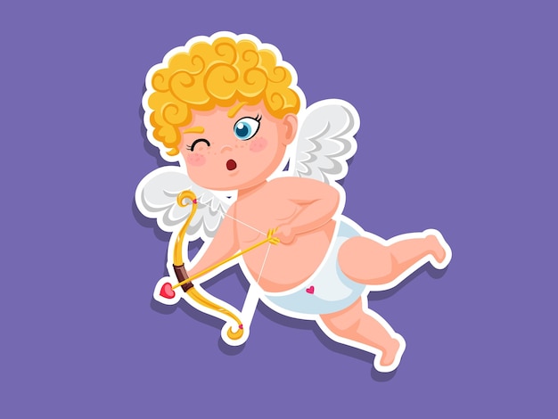 Bonito desenho animado cupido adesivo com arco e flecha. elementos de ilustração vetorial de um dia dos namorados. design de cartão de felicitações, cartazes, etiquetas de presente e etiquetas