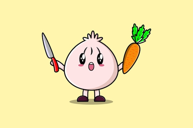 Vetor bonito desenho animado dim sum segurando faca e cenoura