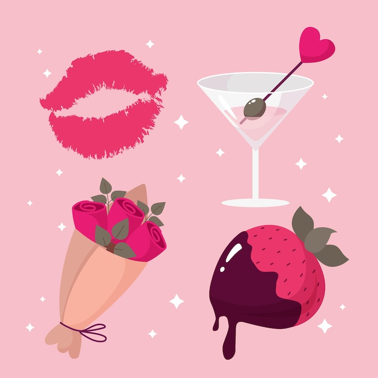 Vetor bonito desenho animado elementos do dia dos namorados martini impressão labial buquê de rosas e morangos cobertos com chocolate