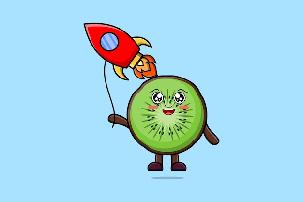 Bonito desenho animado kiwi flutuando com ilustração vetorial de desenho animado de balão de foguete