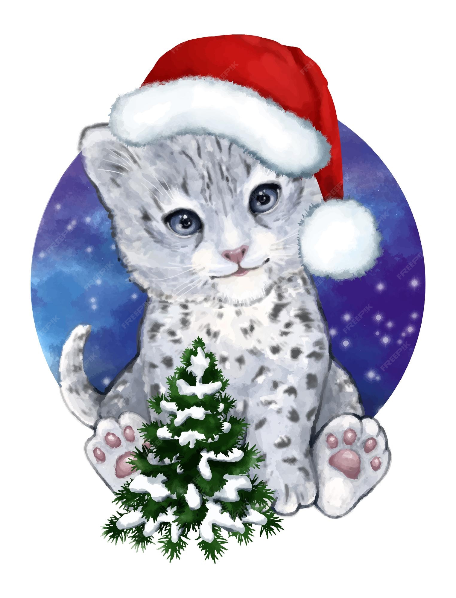 Bonito desenho animado leopardo de neve de natal, pintado à mão com  ilustração de aquarela