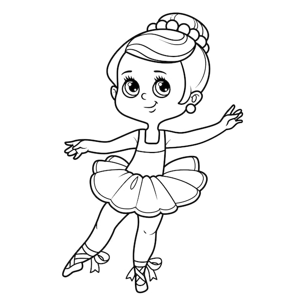 Vetor bonito desenho animado menina bailarina em tutu delineado para colorir isolado em um fundo branco