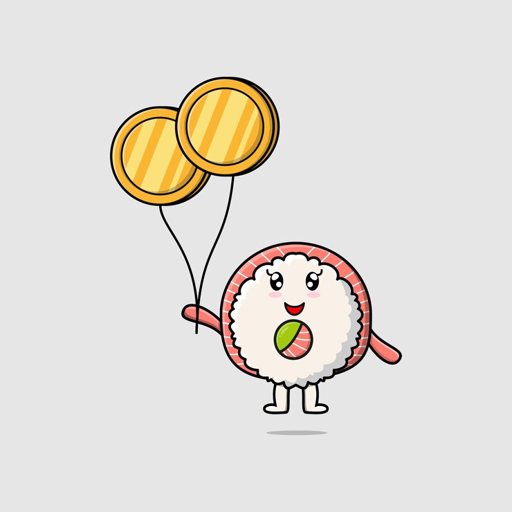 Vetor bonito desenho animado rice sushi rola empresário de sashimi flutuando com ilustração de balão de moeda de ouro