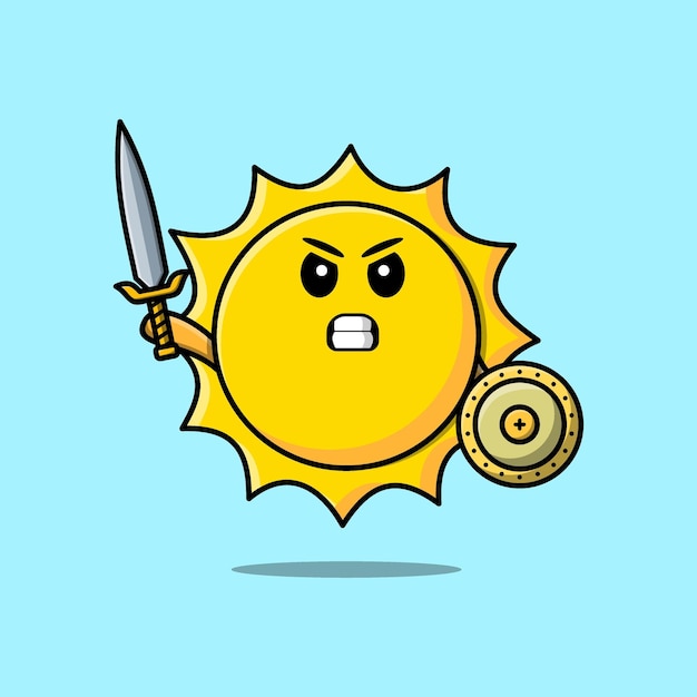 Bonito desenho animado sol segurando espada e escudo