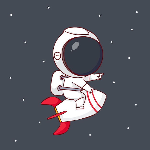 Bonito desenho de astronauta andando de foguete personagem chibi desenhado à mão