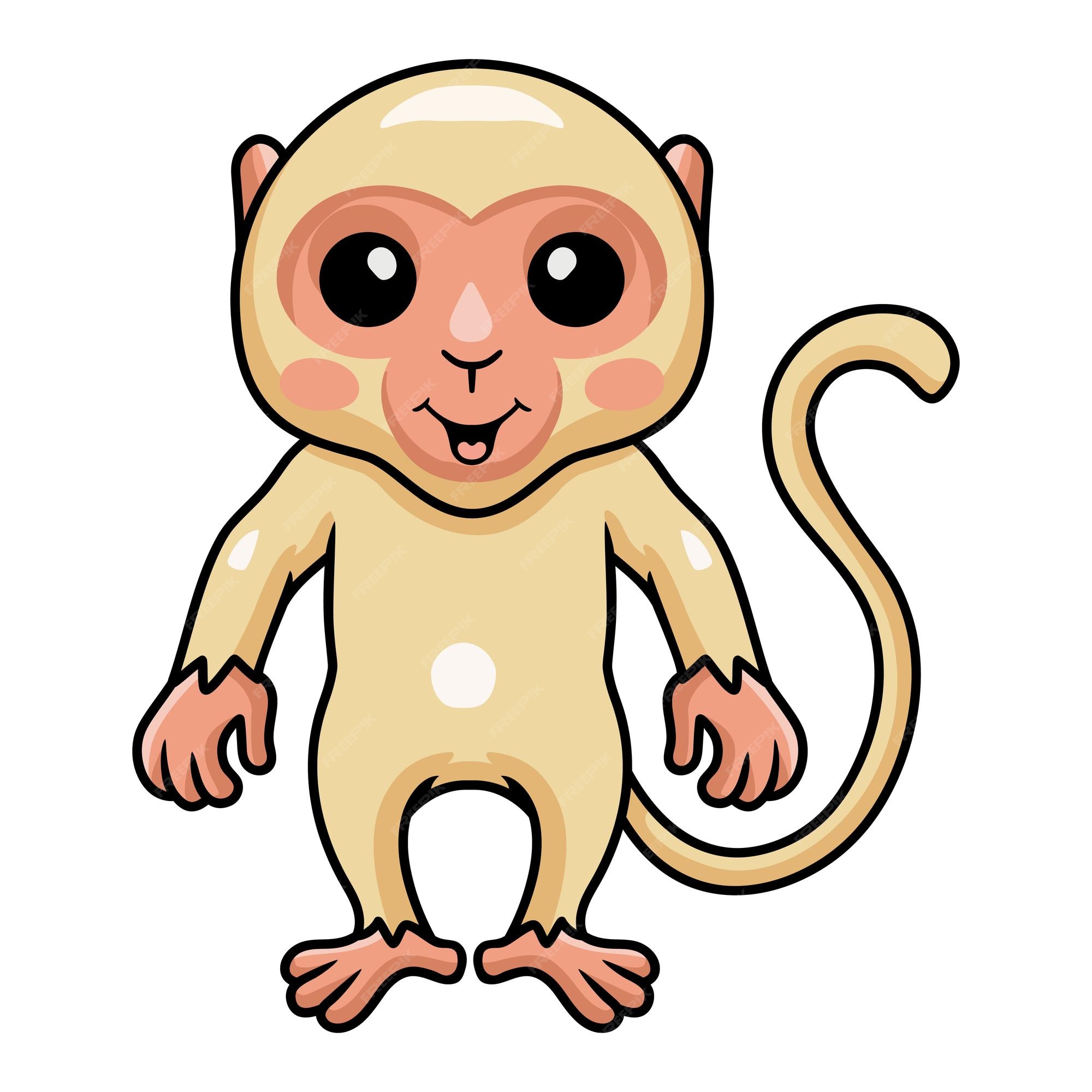 Bonito Pequeno Macaco Albino Desenho Animado Acenando Mão Royalty