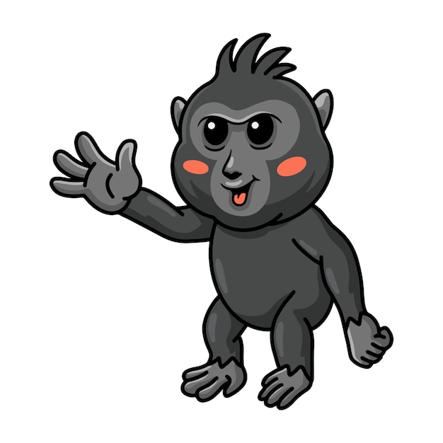 Bonito desenho de macaco preto com crista acenando a mão