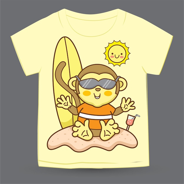 Bonito desenho de macaquinho de praia para camiseta infantil