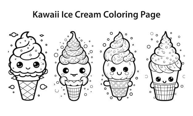 Ilustração de sorvete kawaii desenhada à mão para colorir