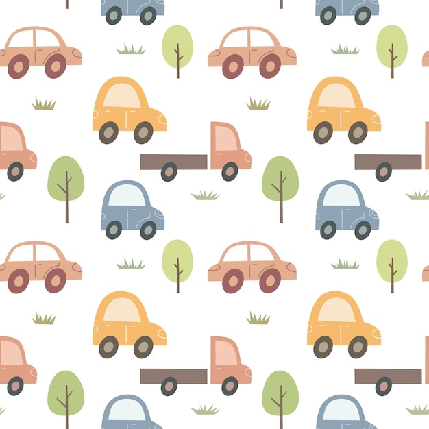 Bonito desenho infantil sem costura padrão com carros Mector print para decoração de parede no quarto das crianças