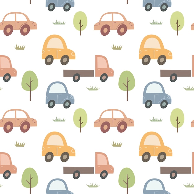 Bonito desenho infantil sem costura padrão com carros mector print para decoração de parede no quarto das crianças