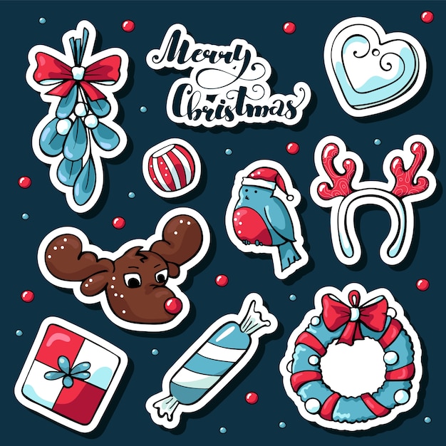 Vetor bonito doodle adesivos de natal em estilo cartoon com letras