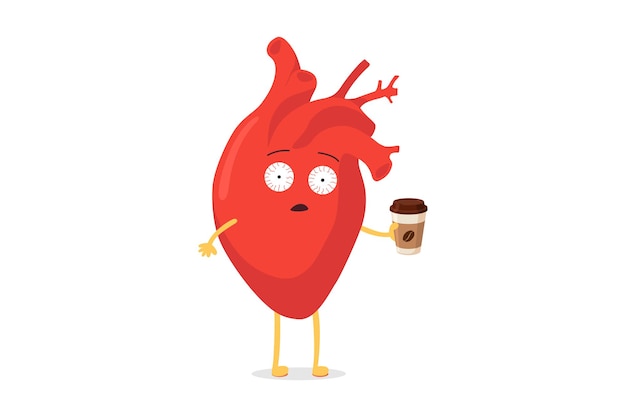 Bonito dos desenhos animados coração personagem insalubre emoji insônia triste cardiopalmo emoção. órgão circulatório de vetor com olhos bem abertos e copo de papel de café. ilustração engraçada