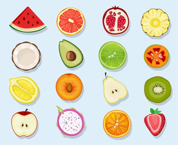 Vetor bonito dos desenhos animados saudáveis vegan produtos naturais plantas alimentos laranja limão maçã clipart conjunto.