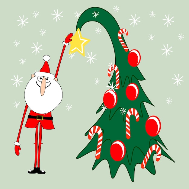 Vetor bonito e alegre papai noel decora a árvore de natal. ilustração de desenho animado, impressão, vetor