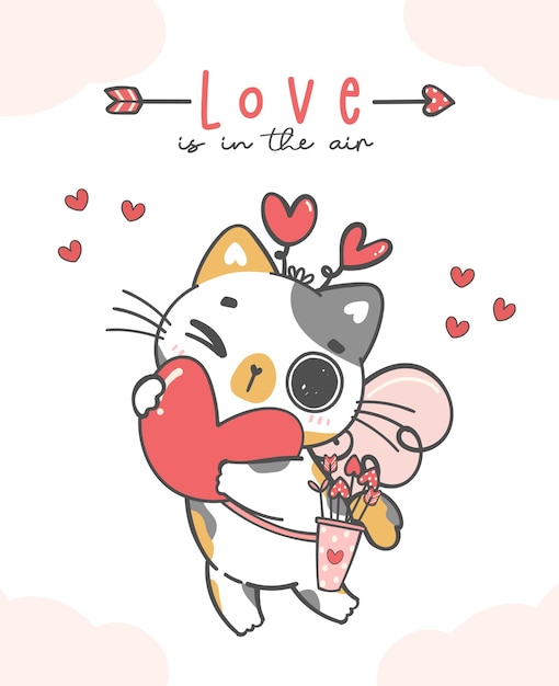 Bonito e feliz dia dos namorados, amor, cupido, gatinho calico, voando no céu, o amor está no ar, personagem de desenho animado animal, doodle, desenho à mão