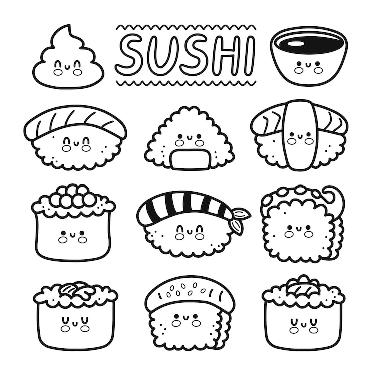 Vetor bonito engraçado feliz sushi, maki, rola a coleção de conjunto de personagens de desenho animado. vetorial mão desenhada linha ícone de ilustração de personagem kawaii. desenho animado kawaii sushi fofo, conceito de menu de restaurante de comida asiática