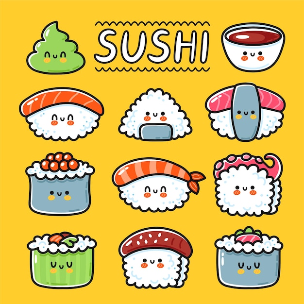 Bonito engraçado feliz sushi, maki, rola a coleção de conjunto de personagens de desenho animado. vetorial mão desenhada linha ícone de ilustração de personagem kawaii. desenho animado kawaii sushi fofo, conceito de menu de restaurante de comida asiática