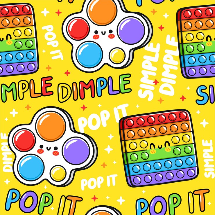 Vetor bonito engraçado pop it e design de teste padrão sem emenda de brinquedo sensorial de covinha simples. ícone de ilustração vetorial desenhada à mão dos desenhos animados kawaii. pop it, popit, simples covinha brinquedo padrão sem emenda doodle conceito