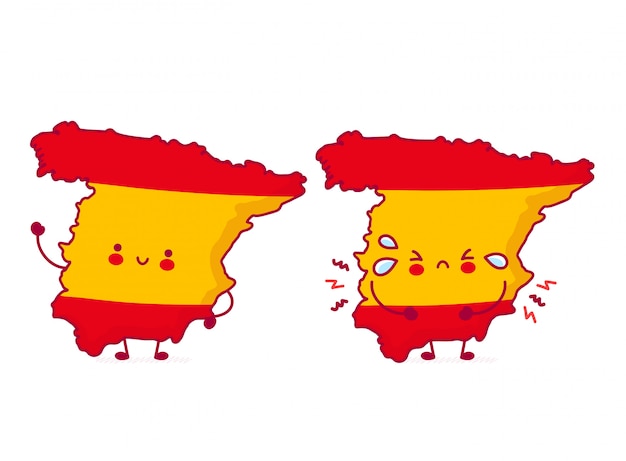 Bonito feliz e triste engraçado espanha mapa e bandeira personagem.