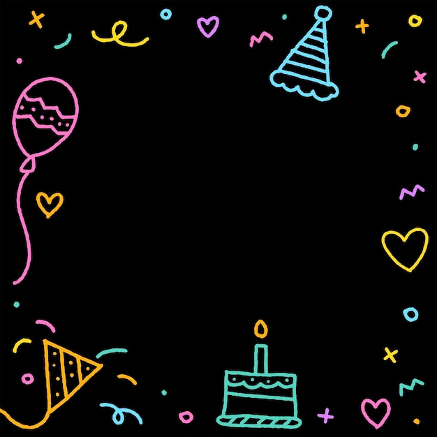 Bonito feliz festa de aniversário confete néon colorido doodle fundo moldura convite cartão nota