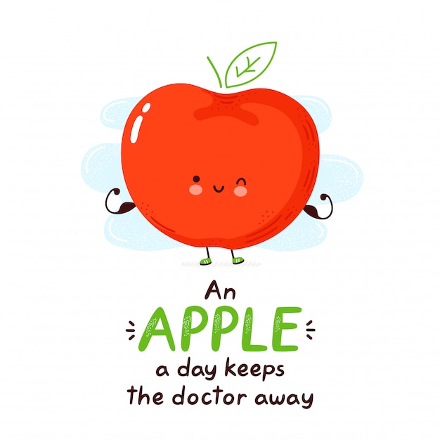 Bonito feliz maçã engraçada. cartoon personagem mão desenho ilustração estilo. isolado no fundo branco uma maçã por dia mantém o médico ausente cartão