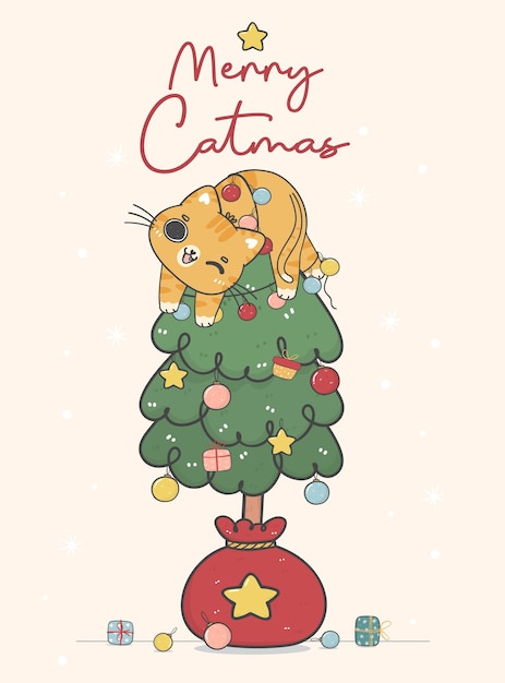 Bonito, feliz, oragne, gatinho ruivo, gato, pendurado em um pinheiro decorado de natal, gato feliz, personagem de animal de desenho animado, desenho à mão, ideia de vetor de rabisco para cartão de felicitações