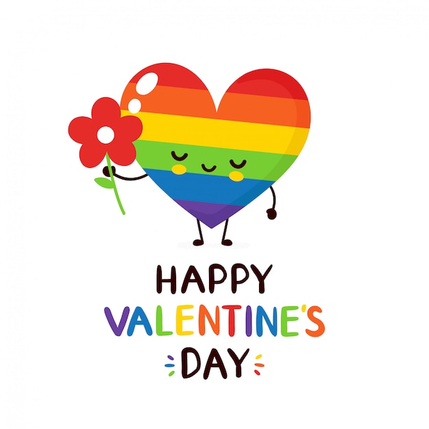 Bonito feliz sorridente arco-íris coração lgbt com cartão de dia dos namorados flor