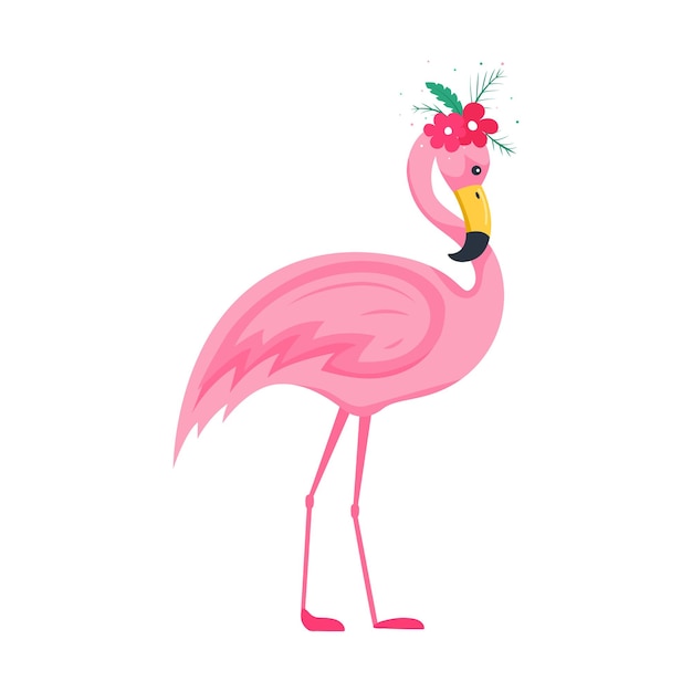 Bonito flamingo rosa com um arranjo floral na cabeça Buquê de flores cor de rosa e folhas Um personagem brilhante um pássaro Ilustração vetorial em um estilo cartoon plana isolado em um fundo branco