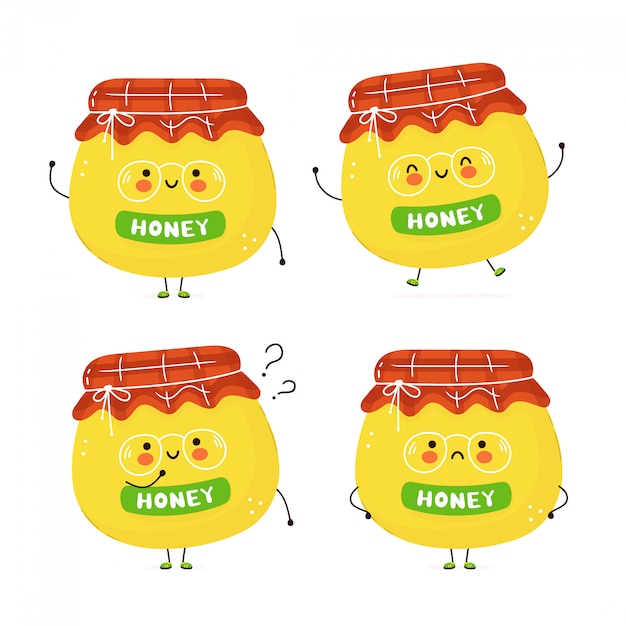 Bonito frasco feliz de conjunto de mel. isolado no branco projeto de ilustração vetorial personagem dos desenhos animados, estilo simples simples pote de pacote de caracteres de mel, conceito de coleção