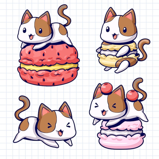 Vetor bonito gato kawaii desenhado à mão hambúrguer macaroon croissant francês macaroon