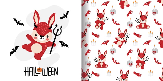 Bonito halloween diabo rabbit cartoon doodle padrão sem emenda