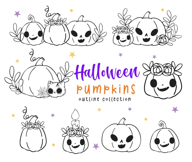 Bonito halloween jack o lantern abóbora kawaii face set desenho animado doodle set vector para livro de colorir