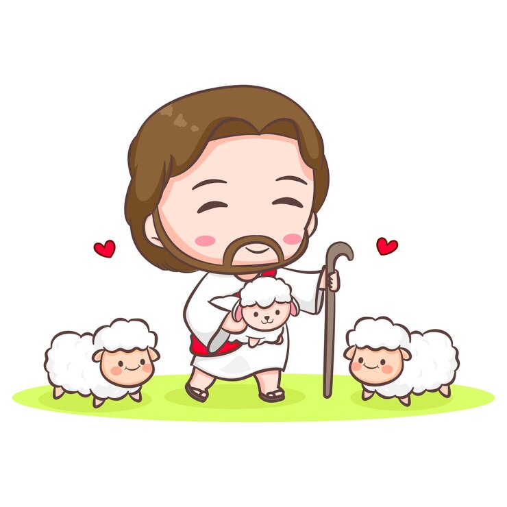 Vetor bonito jesus cristo e o personagem de desenho animado de ovelhas